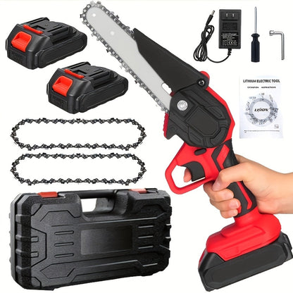 Cordless Mini Chainsaw 6 Inch with 2 Batteries & Charger | Auto Chain Tensioning Auto Lubrication Handheld Electric Saw | Branch Yard Home Garden Cutting Father's Day Gift