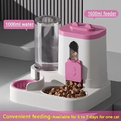 2-in-1 Cat Food and Water Dispenser - Gravity Auto Feeder Bowl Set with Quantitative Feeding, Cute Design for Cats & Small Dogs - Available with Cleaning Brush, 4 Colors