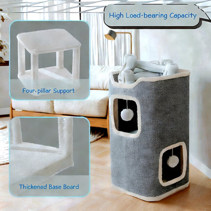 Cat Tree Tower Multi-Level Foldable - Indoor Cat House with Scratch Resistant Post, Soft Top Cat Bed, Cat Hideaway & Bell Ball Toy, 1 2 3 Layer Cat Climbing Tower for Kittens & Adult Cats, Gray