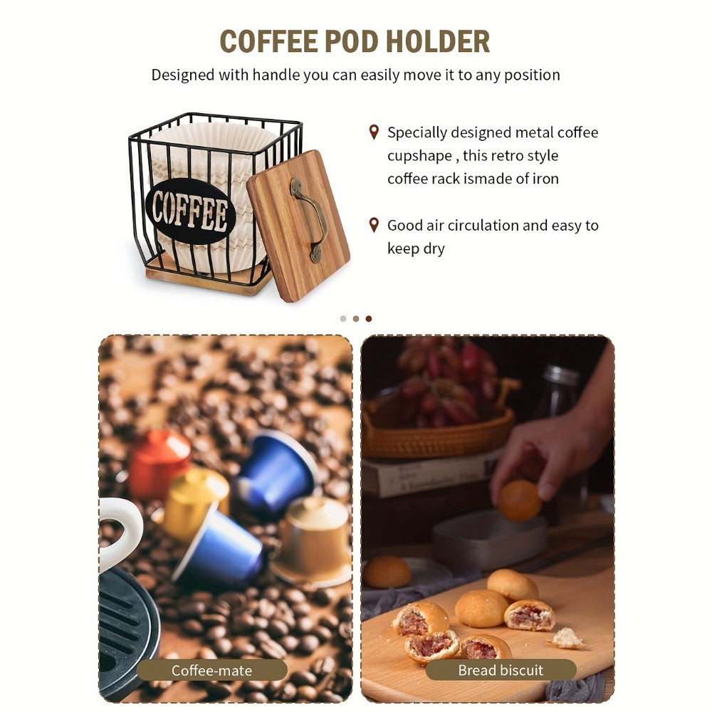 K-Cup Coffee Pod Holder Rack with Lid – Large Capacity Black Metal Square Coffee Capsule Storage Organizer with Wooden Base, Modern Coffee Bar Countertop Decoration for Coffee Beans & Capsules – Black