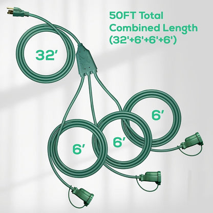 Extension Cord Splitter 1 to 3 Outlets 25FT 50FT 16/3 SJTW Pure Copper Core UV-Resistant PVC Jacket 3 Grounded Outlets for Holiday Decoration Christmas Lights Outdoor Indoor Patio Garden Black Green