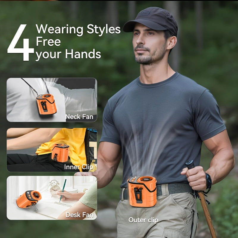 3-In-1 Portable Waist-Hanging Fan, Cooling And Heat Relief Fan for High-Temperature Outdoor Construction Sites, Rechargeable Small Fan with Digital Display, 3600Mah Long Battery, LED Flashlight, Camping Stuff, an Emergency Power Bank