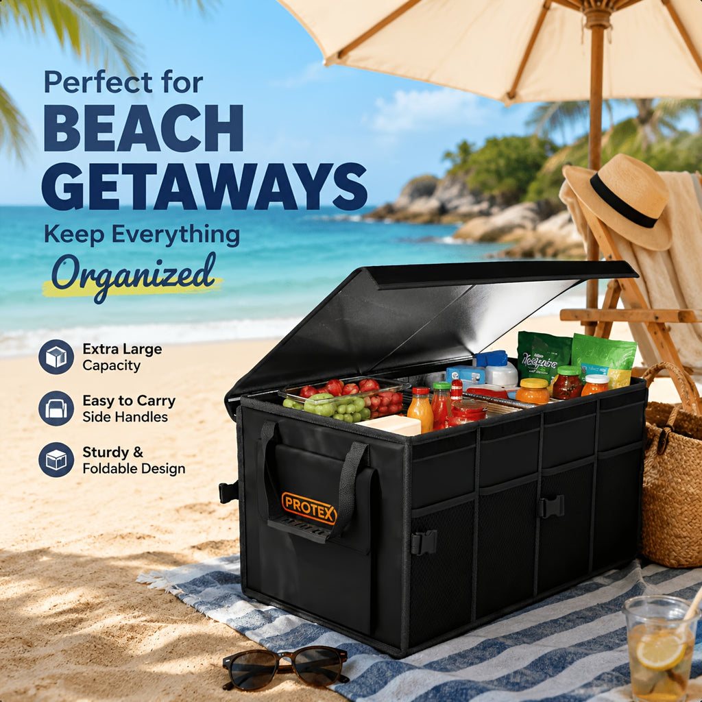 PROTEX Multifunctional Car Trunk Ice Pack (70 Liters) - Foldable with Lid, Cold And Heat Insulation, Large Capacity Organizer - Black Gray