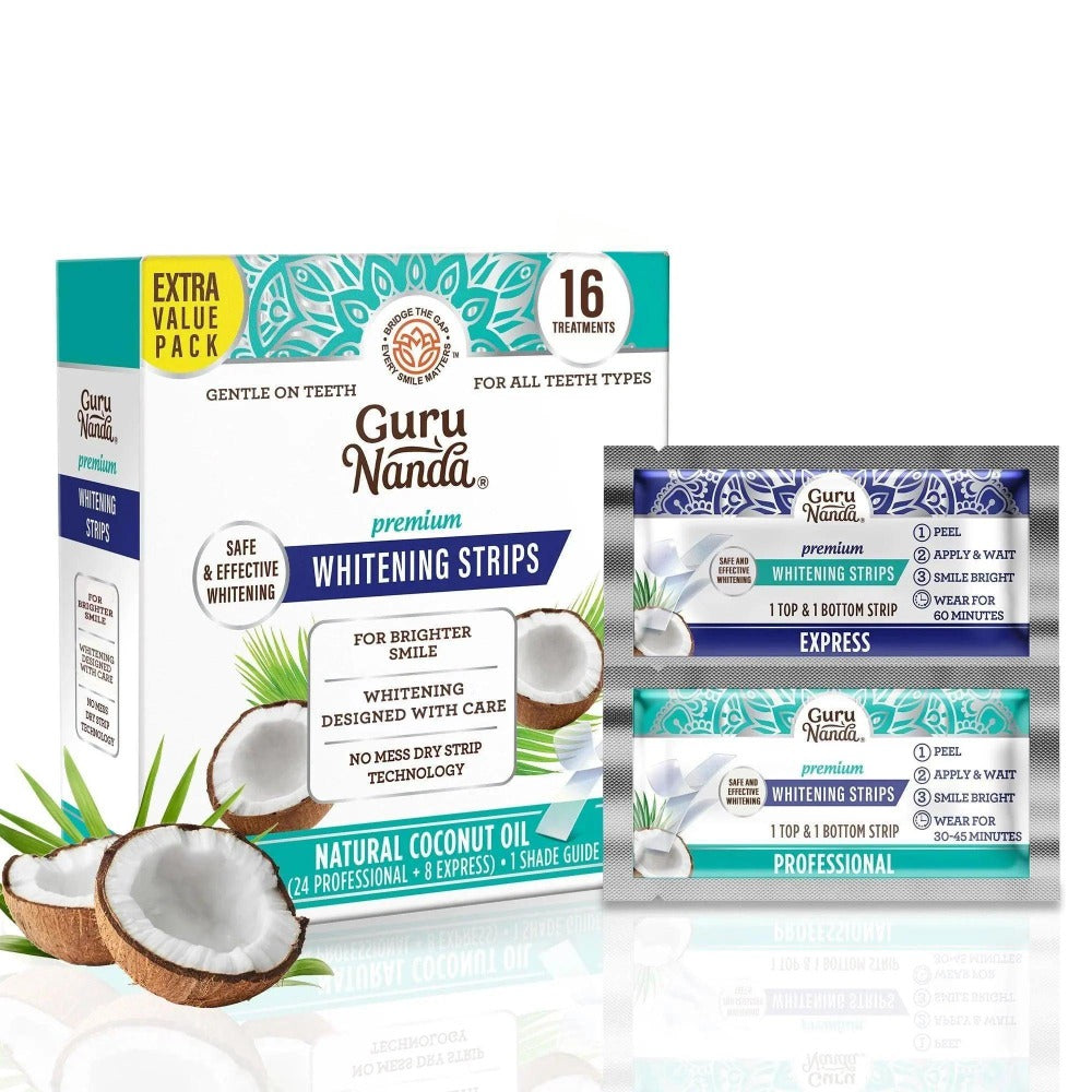 Hydrogen Peroxide Whitening Strips 16 Treatments — Non-Slip Dry Strip Technology, Coconut Extract, 12 Professional + 4 Express Sessions, Vegan, FDA-Registered, Removes Coffee & Wine Stains