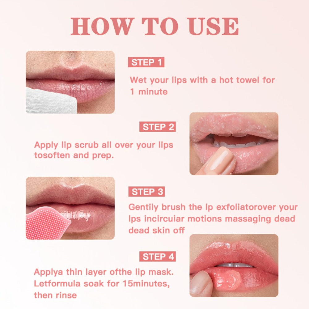 Lip Care Set 3pcs – Lip Mask, Lip Scrub Balm & Lip Brush Kit with Natural Ingredients for Deep Hydration, Exfoliation & Lip Color Enhancement, Strawberry & Peach Scent Gift for Women