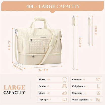 Gym Bag Women 40L Duffel Bag with Shoe Compartment Wet Pocket Polyamide Weekender Travel Tote for Gym Yoga Swimming Hospital Sports Beige