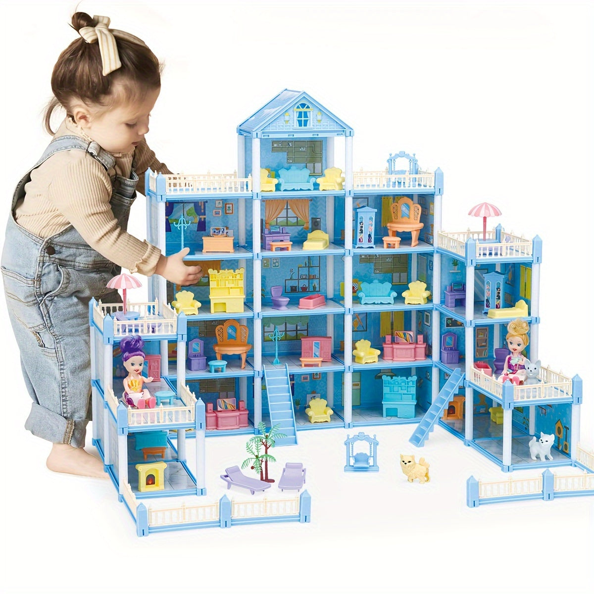 Princess Doll House Castle with Furniture & Accessories – Pink or Blue Mini Villa Playset 14 to 27 Rooms, Imaginative Play Logical Thinking Toy for Girls Ages 3+ Birthday Christmas Gift