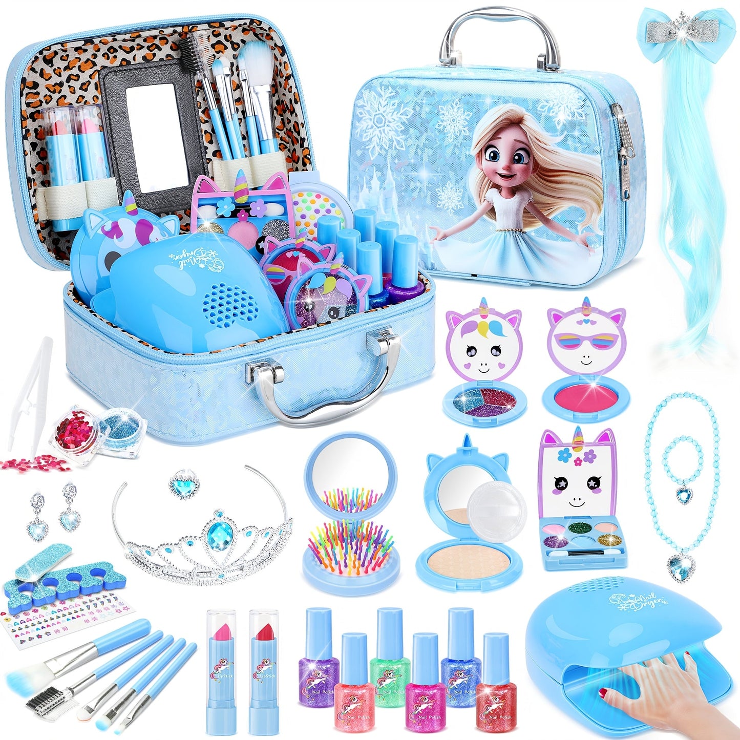 Kids Makeup Set for Girls – 2-in-1 Princess Makeup & Nail Art Kit, Washable Non-Toxic Pretend Play Cosmetics with Nail Polish, Eyeshadow, Lipstick & Accessories, Birthday Gift for Girls Ages 3+