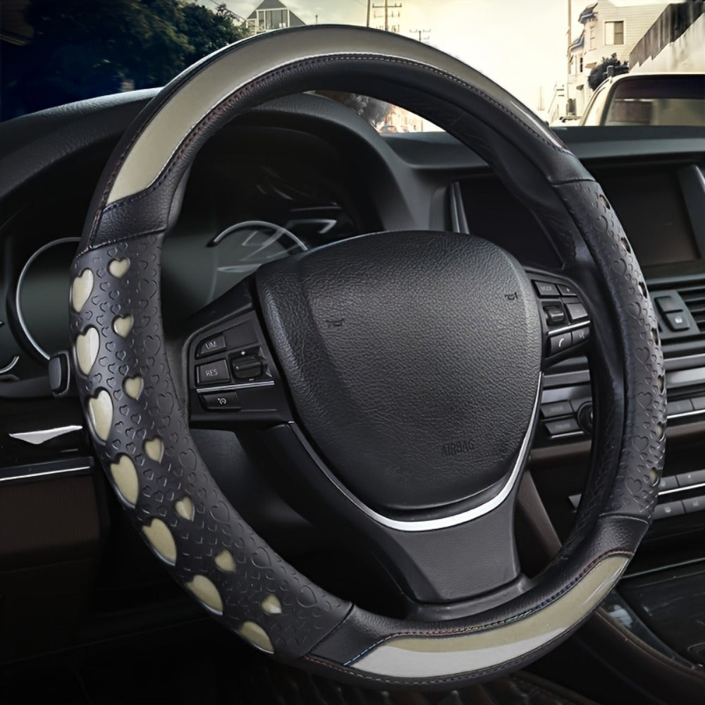 Steering Wheel Cover Faux Leather Heart Pattern – Non-Slip Wear-Resistant Anti-Aging All-Season Car Interior Accessory, Sports Style, Universal Fit, Cute Gift for Women Car Enthusiasts