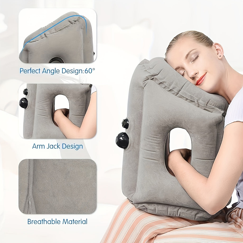 Portable Inflatable Nap Pillow - Comfortable Neck Support For Aviation, Train, Car And Office Use, Easy Nap Air Cushion, Soft Microfiber Cover, Gray