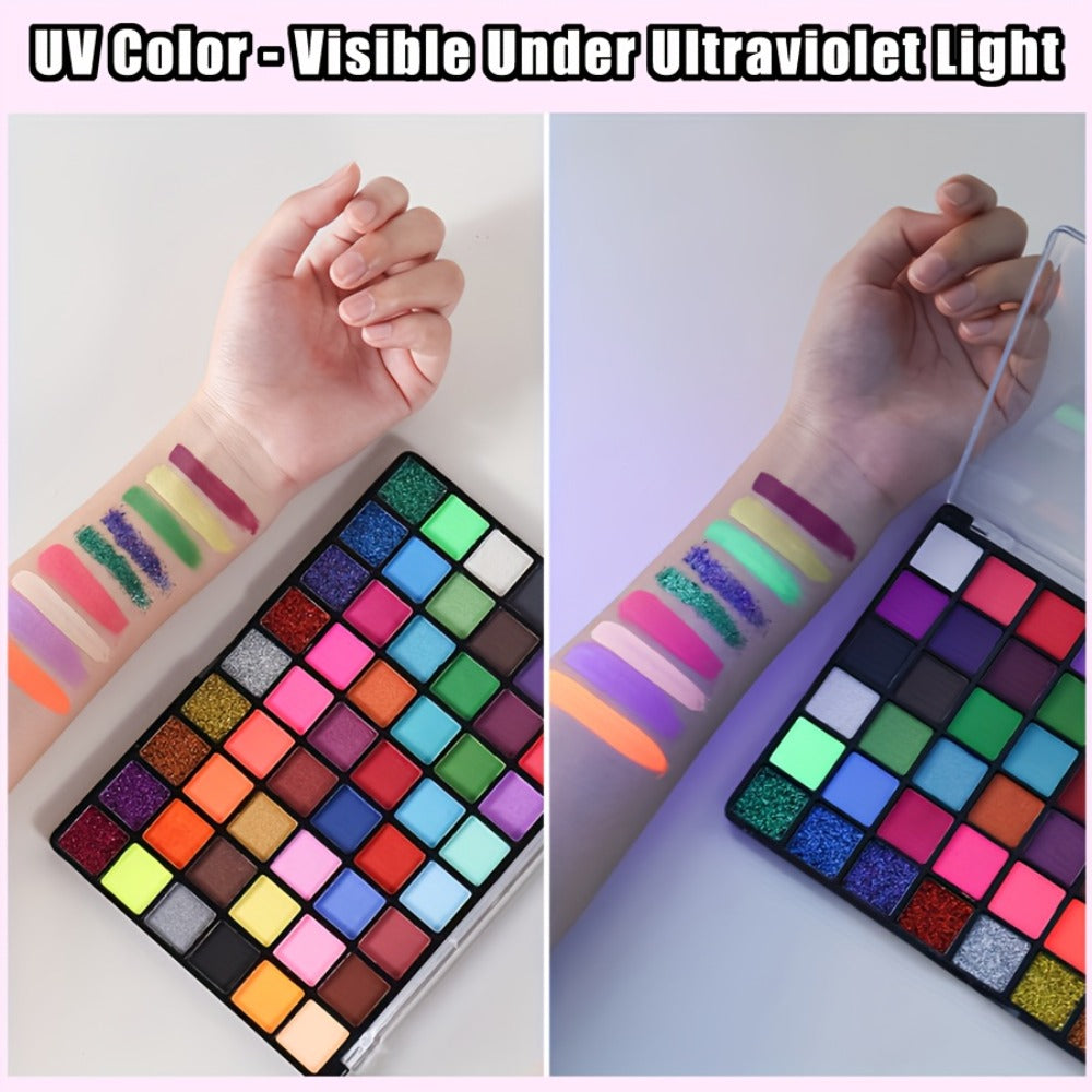 54 Color Face & Body Paint Kit with UV Fluorescent, Matte & Glitter Shades — Pattern Templates, Brushes & Tattoo Stickers for Sports, Cheerleading, Halloween, Festivals & Parties