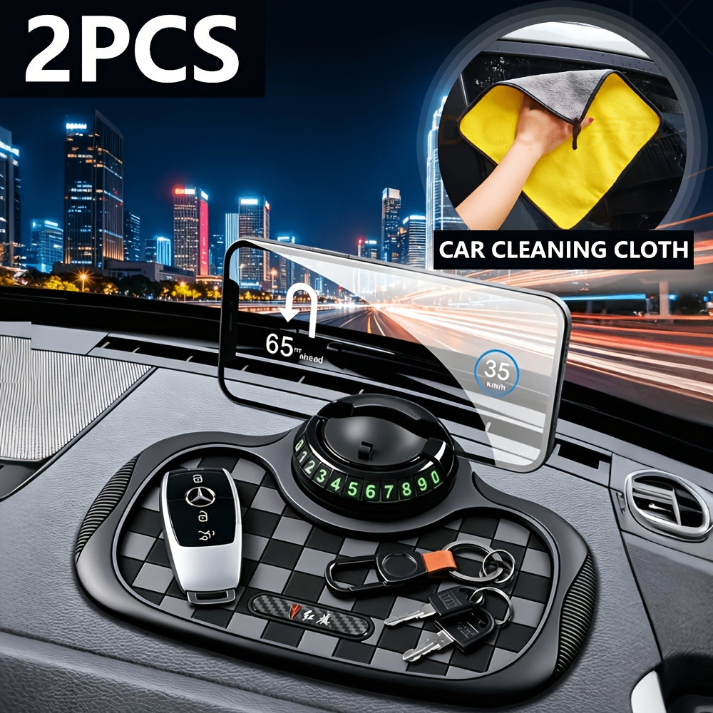 Multifunctional Non-slip Car Dashboard Cushion With Rotating Mobile Phone Holder, Large-capacity Glasses And Key Storage, Heat-resistant Silicone, Lattice Design, Suitable For All Vehicles, Car Mobile Phone Holder, Modern Dashboard Accessories