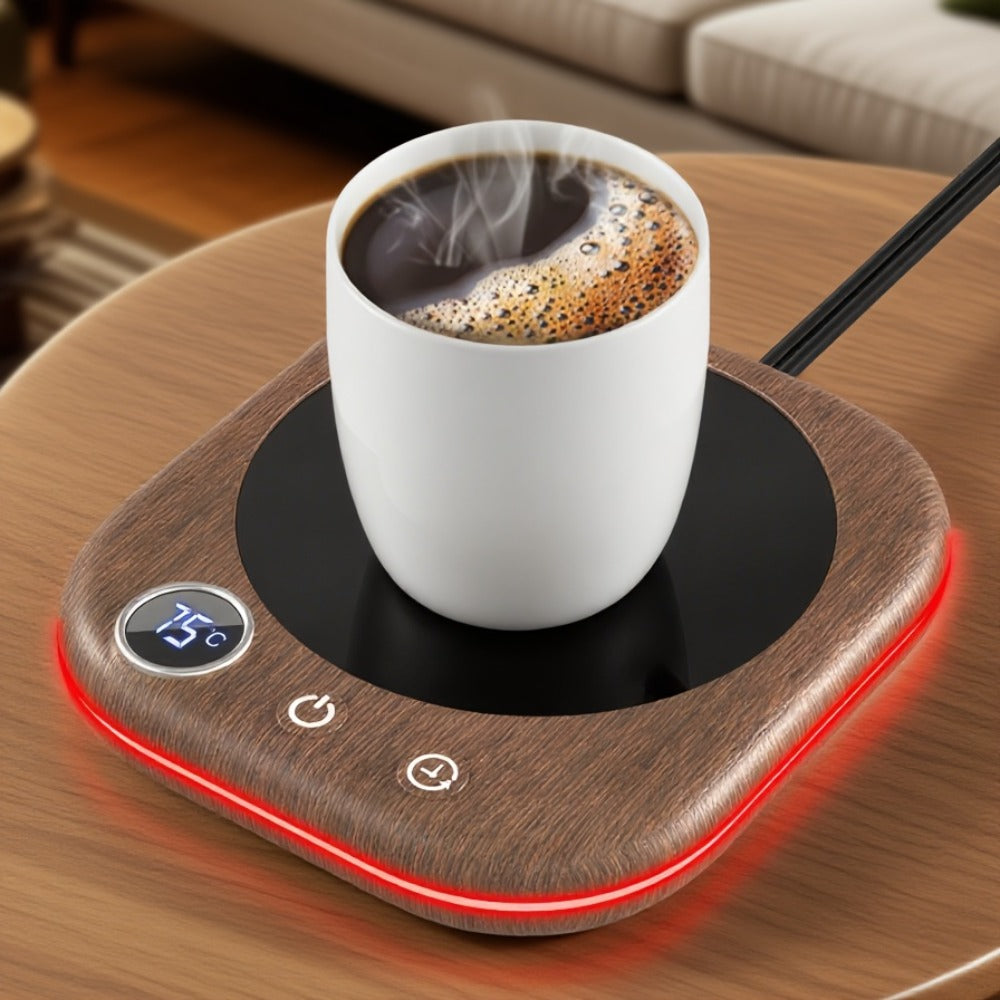 Smart Electric Coffee Mug Warmer 40W – Desktop Coffee Cup Thermos with Temperature Display, 3 Heat Settings, 1–12 Hour Timer & 4-Hour Auto Shut-Off, Keeps Coffee Tea Milk Cocoa Warm – Wood Grain Father's Day Gift