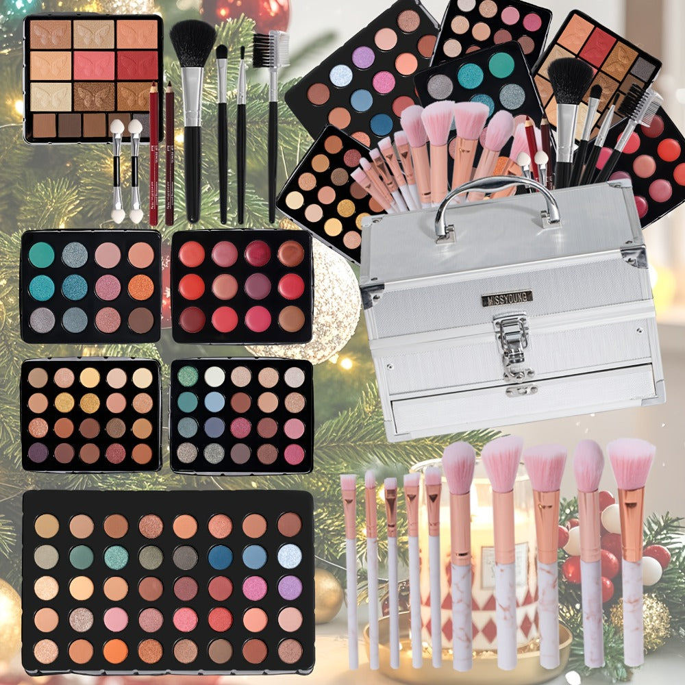 Silvery Makeup Kit Gift Box with Mirror Lipstick Eyeshadow & Blush – Multi-Functional Portable Complete Beauty Cosmetic Set for Teens Beginners Women Multiple Shades