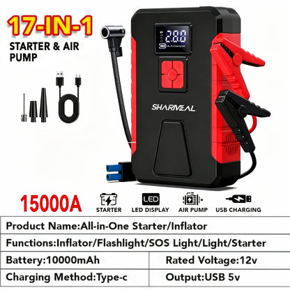 [Portable Jump Starter] 15000A-19000A Peak 350PSI 12V 17-in-1 Portable Jump Starter with Air Compressor Jump Starter, Car Battery Charger, Car Jump Starter with Air Compressor, Jump Starter Para, Car Accessories Tools, LED Light, Battery Charger, Cart Bat