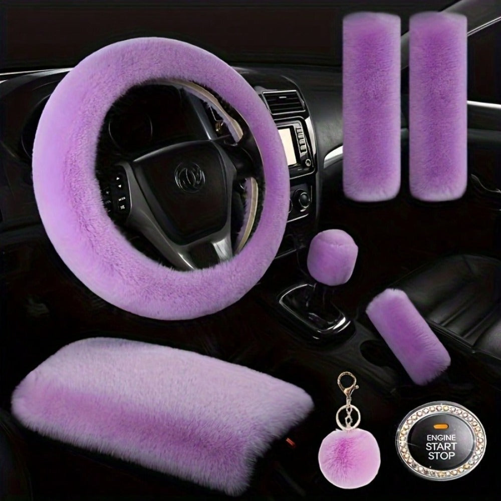 Plush Fluffy Steering Wheel Cover – Rex Rabbit Fur Texture, Universal Fit, 12 Colors (Black, Pink, Purple, Red & More), Soft Car Interior Accessory for Women