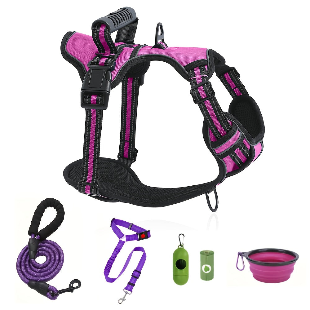 Dog Harness and Leash Set No-Pull Reflective Adjustable Oxford Vest with 2 Leash Clips Easy Control Handle for Small Medium Large Dogs XS-XL 5 Colors