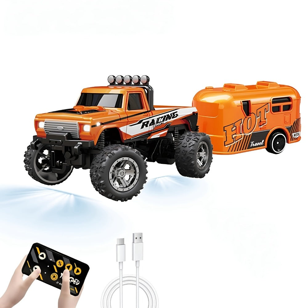 Mini RC Off-Road Truck with Trailer 1:64 Scale Die-Cast Remote Control Car – 2.4GHz Climbing Vehicle with Lights Rechargeable Adjustable Speed | Pocket-Sized RC Toy for Boys | Best Birthday Christmas Gift