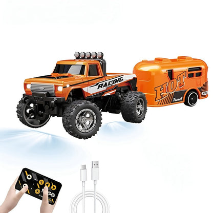 Mini RC Off-Road Truck with Trailer 1:64 Scale Die-Cast Remote Control Car – 2.4GHz Climbing Vehicle with Lights Rechargeable Adjustable Speed | Pocket-Sized RC Toy for Boys | Best Birthday Christmas Gift
