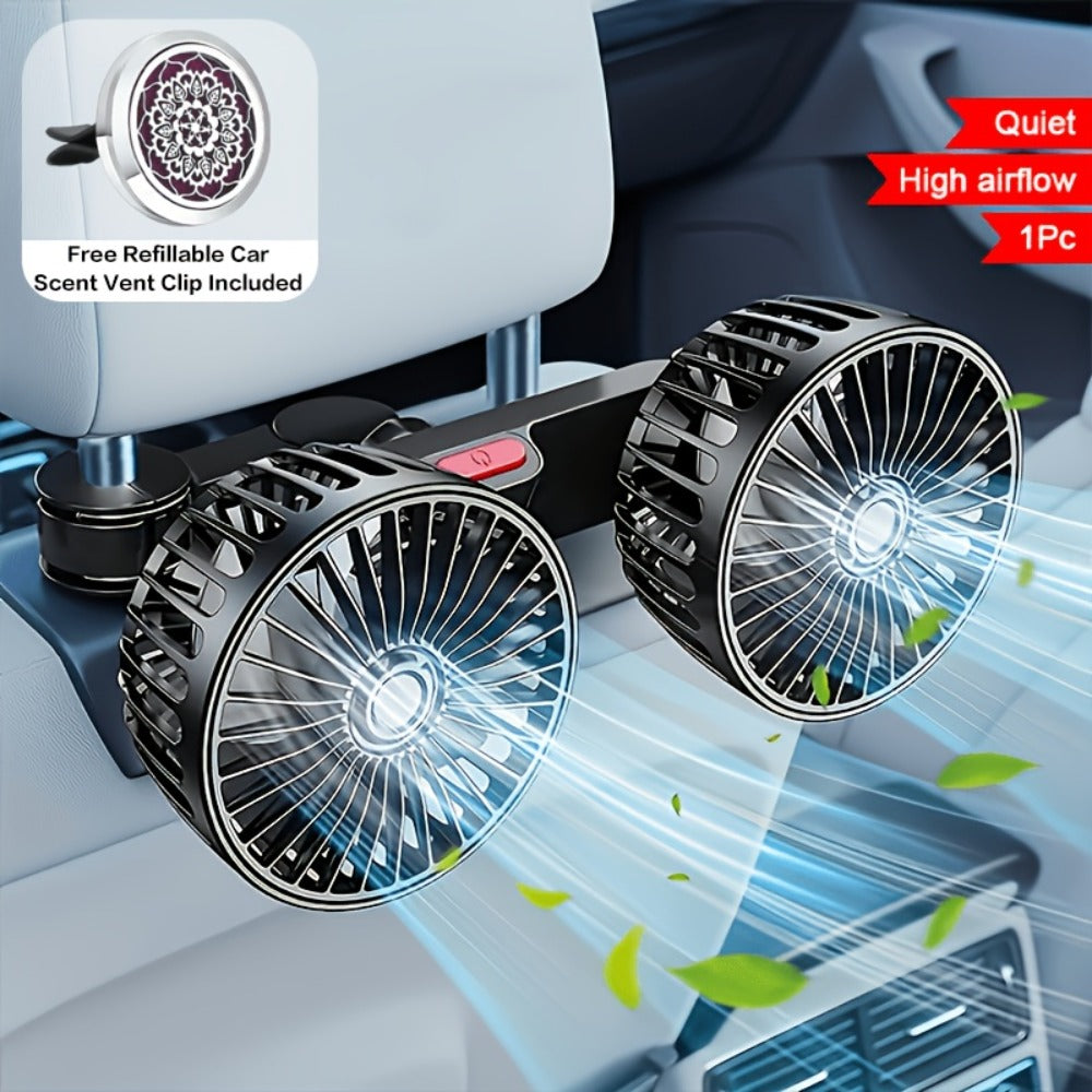 Car Fan for Back Seat - Dual Head USB Cooling Fan, Foldable 360° Rotation, Ultra-Quiet Motor, 70-Inch Cord, for Vehicle, Home & Office Use
