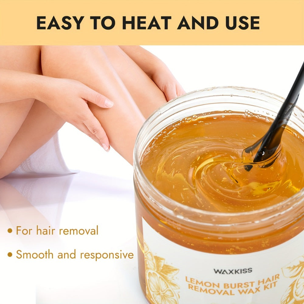 Sugar Wax Hair Removal Kit 300g - Gentle Soft Wax with Strips & Sticks for Body Hair Removal, Lemon or Activated Carbon Formula, Residue-Free At-Home Waxing for Women