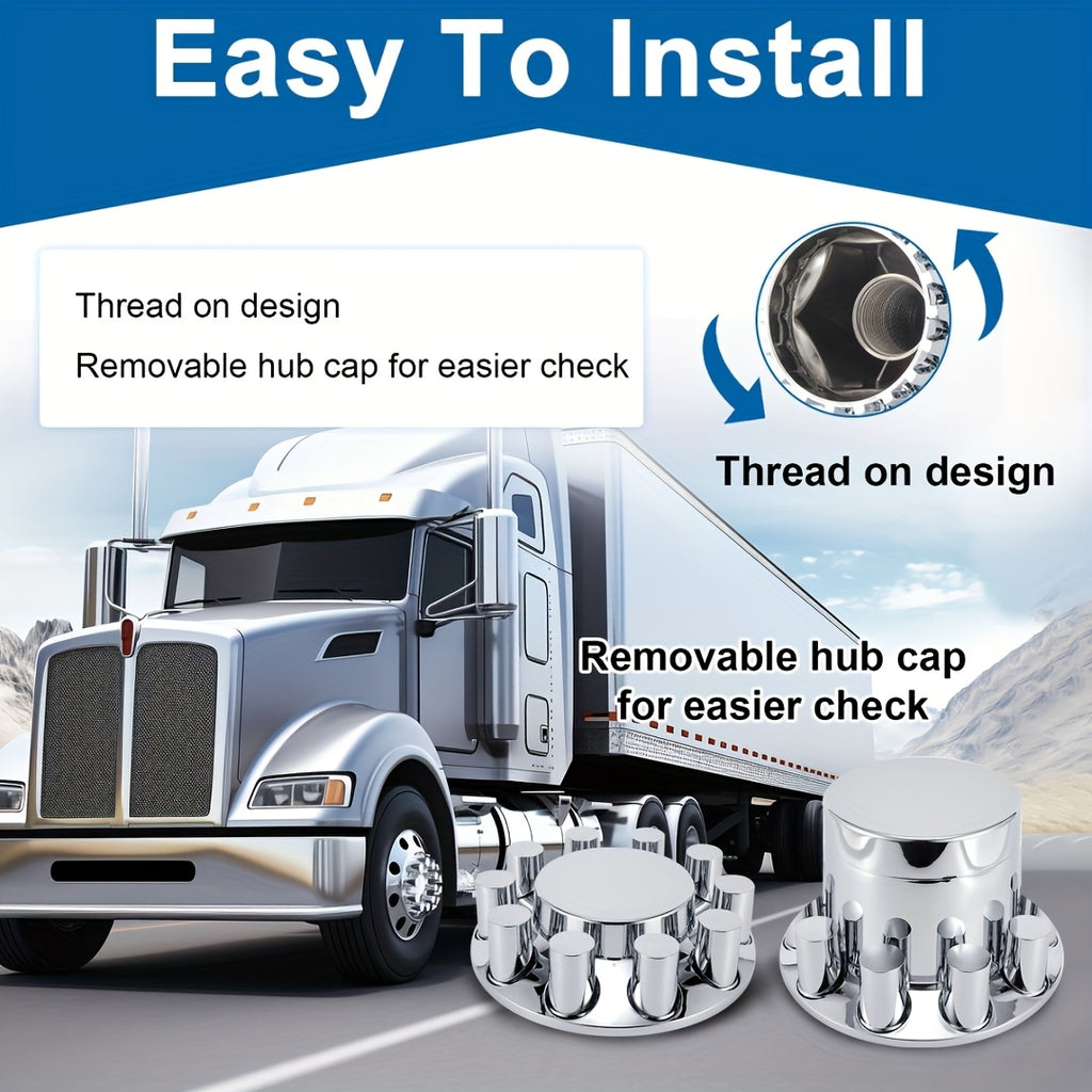 ABS Chrome Plastic Front And Rear Axle Cover Kits with 33mm Thread-on Flange Nut Covers for Semi Trucks In Pairs (Flat Top Front 2 Set & Whole 2+4 Set)