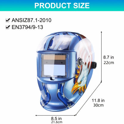 Auto Darkening Welding Helmet True Color Solar Powered – Large View Area DIN 9-13, 1/25000s Response, Adjustable Headgear Eagle Lightning