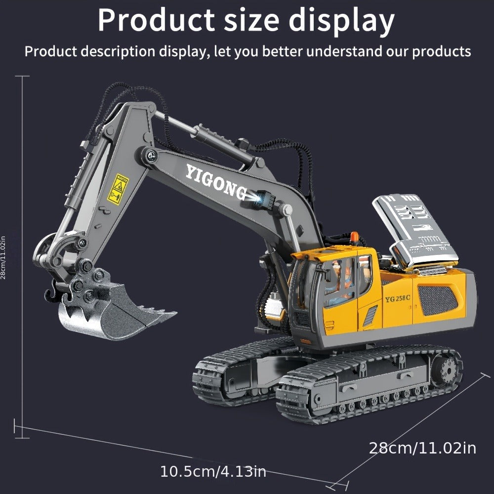 RC Excavator Toy 1:18 Scale 2.4GHz Remote Control with Metal Scoop 680-Degree Rotation Lights & Sound – Construction Vehicle Set Dump Truck Bulldozer Loader for Boys Ages 8+ Birthday Christmas Gift