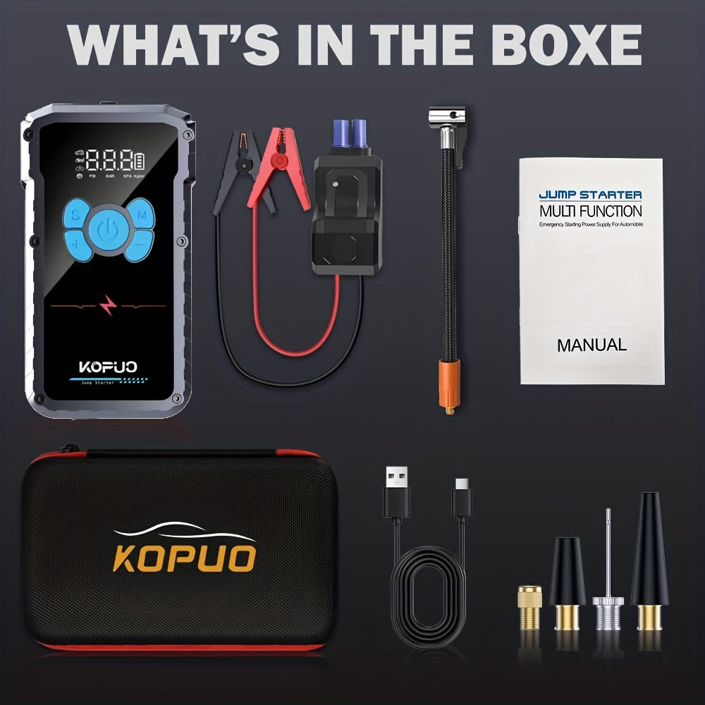KOPUO 20000A Peak 12V Jump Box, Optional 6000A Jump Starter, Heavy Duty Car Jump Starter And Air Compressor, 150PSI Cordless Tire Inflator with Digital Gauge, All-in-One for 2.64gal Gas/2.11gal Diesel Vehicle, 3-Mode LED Light Camping Emergency