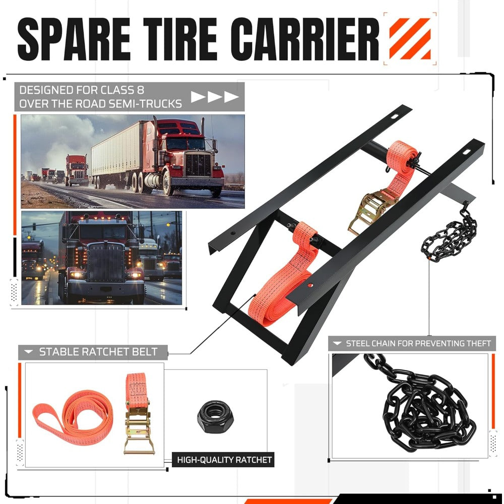 Adjustable Truck Tire Storage Rack with Ratchet Strap and Chain, Portable Semi-Truck Spare Tire Holder, Secure Tire Carrier, Utility Trailer Tire Bracket (halloween & car accessories)