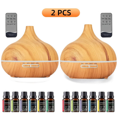 Aroma Diffuser Set 2 Diffusers 6 Essential Oils 550ml Wood Grain Cool Mist Humidifier Soundwave Technology 7-Color Light Timer for Large Room Bedroom Home Office