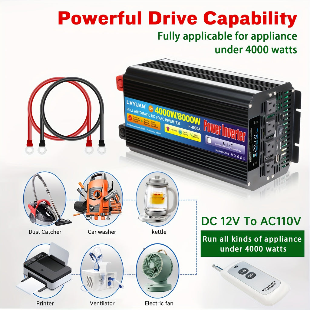 LVYUAN Car Power Inverter 600W/4000 Watt 12V To 110V With 4 AC Outlets, LCD Display, Wireless Remote Control, Car Power Inverter For Car, RV, Truck, Off Grid Solar System, Camping 24V Car Accessories, Without Battery