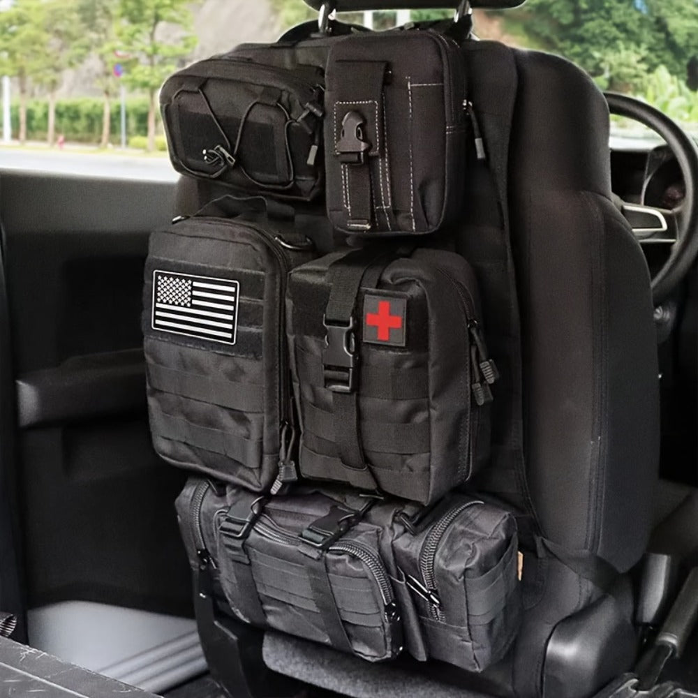 MOLLE Car Seat Back Organizer - 5 Detachable Pouches, 6 Keychains, Tactical Vehicle Panel Organizer for Jeep Truck SUV, Multipurpose Hanging Travel Gear Organizer, Universal Fit, Black