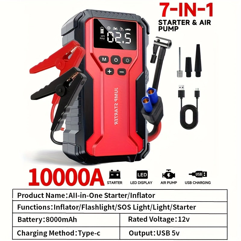 10000A 7-in-1 Multi-functional Emergency Start Power Supply with Air Pump, 150PSL Portable Car Battery Starter, Digital Tire Inflator, Suitable for 2.64 Gallon Gasoline Or 2.38 Gallon Diesel Battery, LED Emergency Light, Car Emergency Tool.