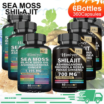 Sea Moss 7000mg & Shilajit Supplement Bundle — Black Seed Oil 4000mg, Ashwagandha 2000mg, Panax Ginseng 1500mg, Rhodiola Rosea | All-in-1 Daily Wellness Capsules