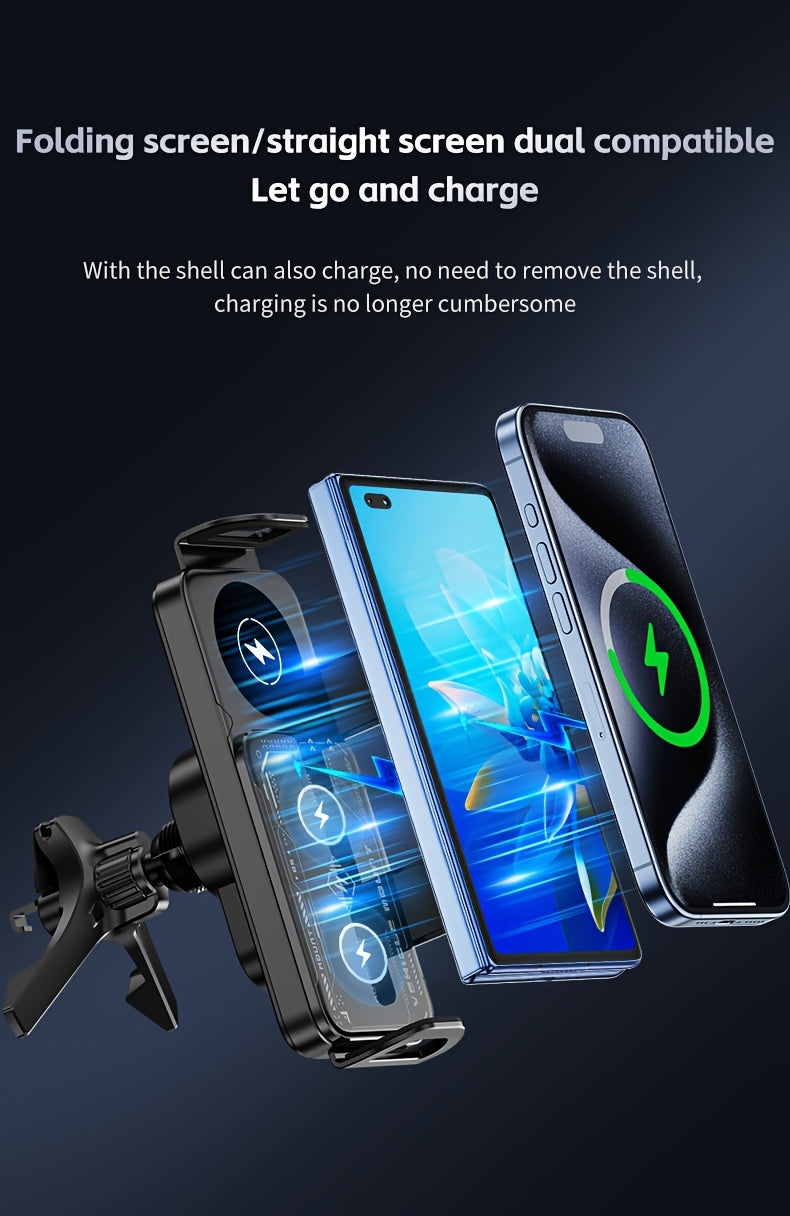 Car Mount with Wireless Fast Charging for iPhone 8/X/11/12/13/14/15 Series, for SamSung Note20/10/9/8 Series, S10/9/8 Series, for Fold 5, Fold 6, W23/W24 - Supports Folding Screens, Wireless Charging Output up to 15W (MAX)