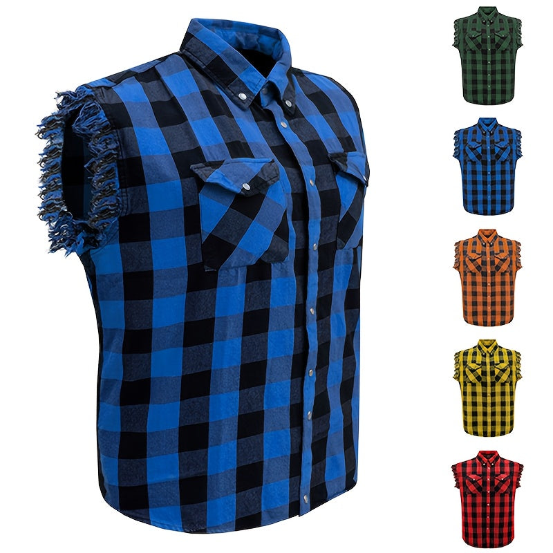 Men's Casual Sleeveless Plaid Cotton Shirt - All-Season Comfort, Classic Checkered Pattern, Single-Breasted Button-Up with Fringe Hem, Regular Fit for Streetwear, Beach & Vacation, Beach Attire, Streetstyle Apparel