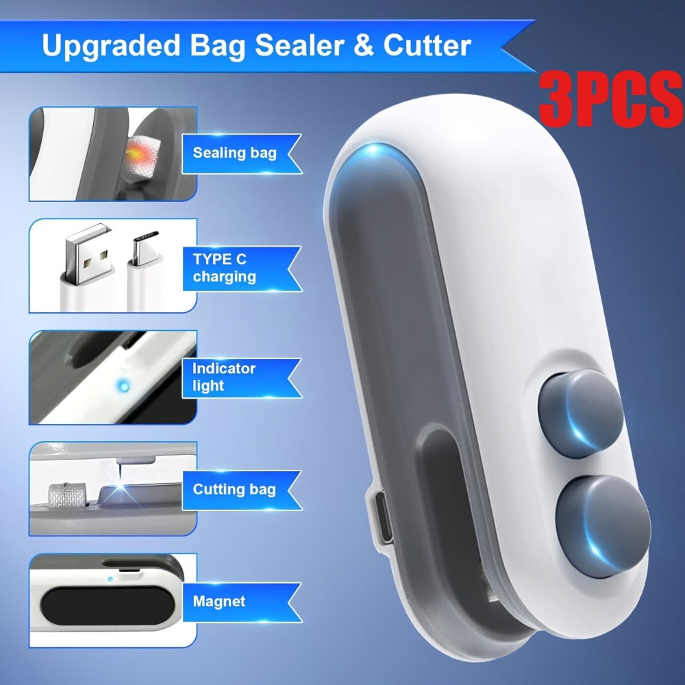 Bag Sealer Handheld Heat Sealer 3-Pack – USB-C Rechargeable 2-in-1 Magnetic Food Sealer with Cutter, Snack Bag Resealer for Plastic Bags, Kitchen Food Freshness, Home & Outdoor Use