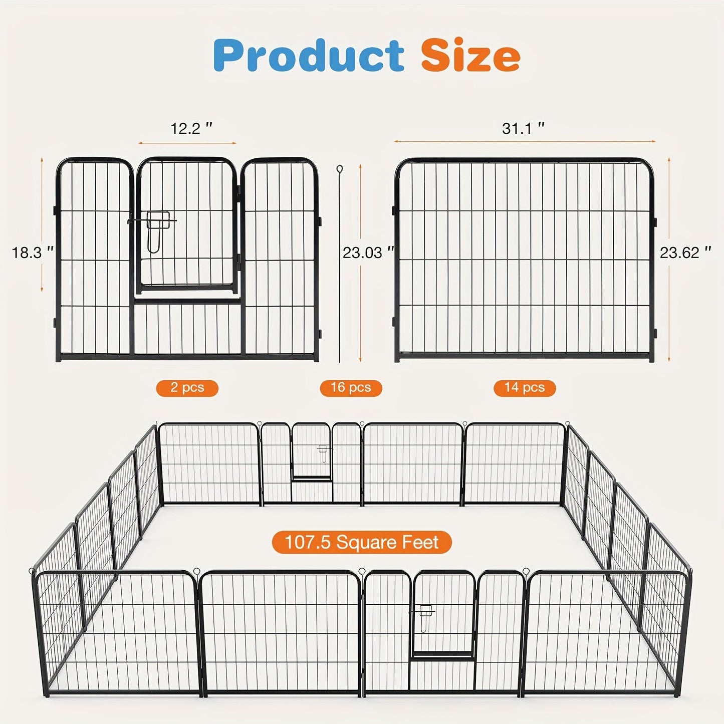 Dog Playpen Heavy Duty Foldable - 8 & 16 Panel Pet Exercise Pen for Large Medium Small Dogs, Portable Indoor Outdoor Puppy Pen for Yard Garden Camping RV, 24"/32"/40" Panel Height