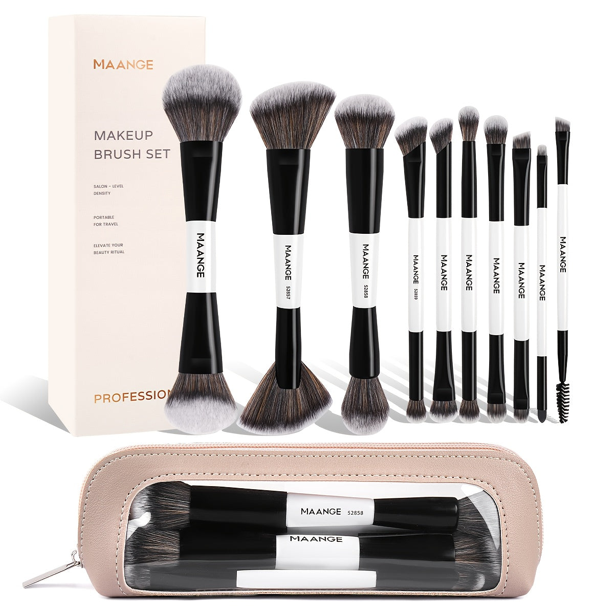 Double-Ended Makeup Brush Set 10PCS with Cosmetic Bag – Soft Nylon Bristles Dual-Ended Blush Eyeshadow Face Brushes Professional Kit for Beginners & Pros Women