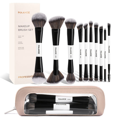 Double-Ended Makeup Brush Set 10PCS with Cosmetic Bag – Soft Nylon Bristles Dual-Ended Blush Eyeshadow Face Brushes Professional Kit for Beginners & Pros Women