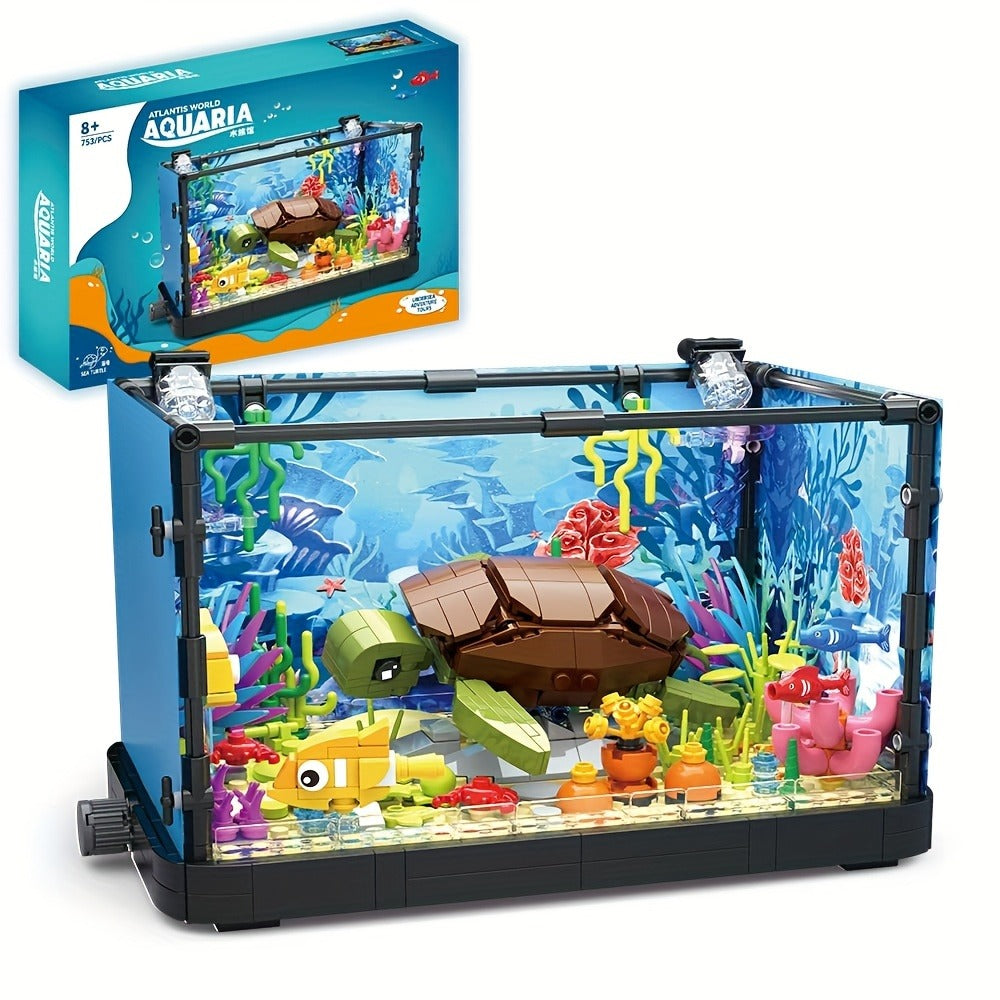 Marine Turtle Fish Tank Building Blocks Model Kit – Ocean Aquarium Animal Construction Set Easy Assembly Home Desk Decor Display Gift for Kids Teens Adults
