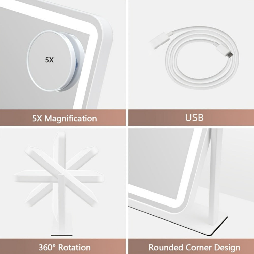 Lighted Makeup Mirror with 5X Magnification - LED Vanity Mirror with 3-Color Adjustable Lighting, Smart Touch Control, 360° Rotation, Tabletop Illuminated Mirror for Dressing Table, Makeup Desk & Bathroom