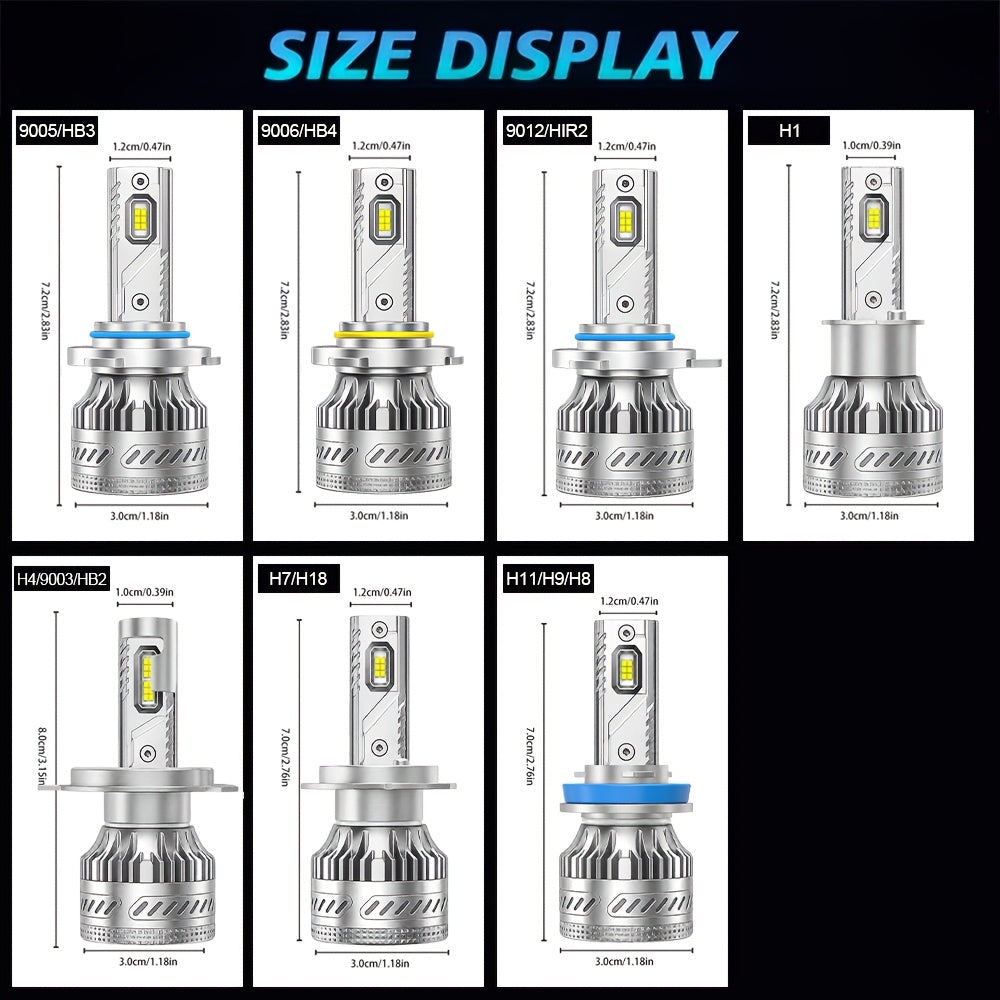 2pcs H1 LED Bulbs, H7 LED Bulbs, H4 LED Bulbs, H11 HB3 9005 Bulbs, HB4 9006 Bulbs, HIR2 Bulbs. Perfect for Car Enthusiasts As A Gift to Enhance Nighttime Driving Safety. Upgraded with 30, 000 Lumens, 350 Watts, Automatic Headlights, 12V, 6500K.