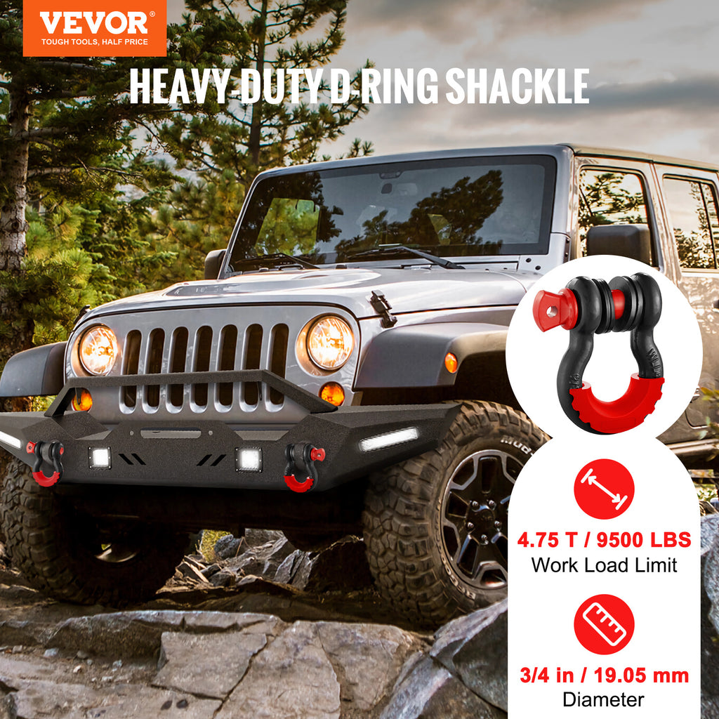 VEVOR 3/4" D-Ring Shackle, 2 Pack Alloy Steel Shackles 62832 lbs (28.5 Ton) Break Strength with 7/8" Screw Pin, Isolators & Washers, Heavy Duty Off Road Vehicle Recovery Shackle for Jeep Truck,Orange/Black/Red