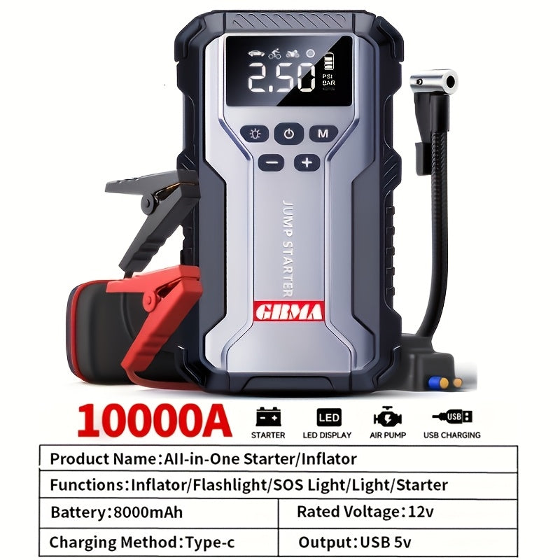 Portable Emergency Power Supply with 7 Functions, Featuring a 150PSI Digital Display. This Car Battery Charger Is Designed for 2.64-Gallon Gasoline Or 2.38-Gallon Diesel Engines, Making It an Ideal Emergency Starter for Vehicles