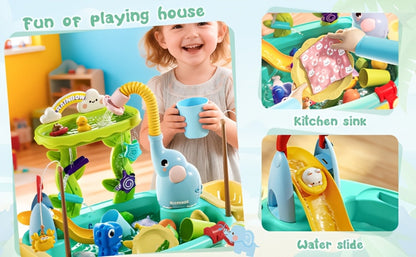 Kids Water Table Toy with Electric Pump & Faucet for Toddlers - Play Sink with Food Accessories & Fishing Toy, Sensory STEM Kitchen Water Play for Boys Girls Ages 3 4 5, Birthday Gift