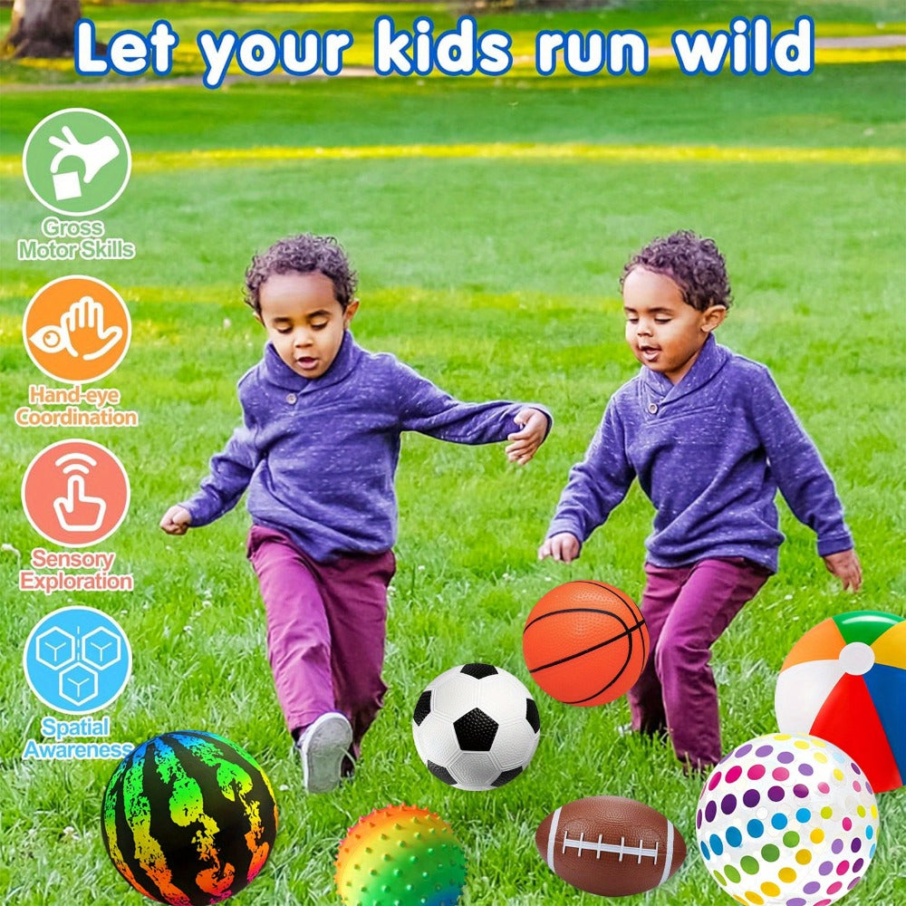 Kids Playground Ball Set 7-Pack with Air Pump – 10.6 Inch Outdoor Ball Plus 6-Inch Basketball Football Rugby, Active Play Toy for Home Yard Pool Classroom Park, Birthday Party Gift for Children Ages 4+