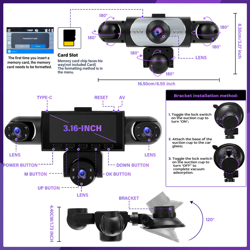 NAVITROEY 4/5Lens 1080P 360° Panoramic Dash Cam Set, 1080P Front+720P Full Coverage Rear/Left/Right/Inside, FIVE-Screen Split Display, Super Night Vision, WDR, G-Sensor, Loop Recording-Car Accessories/Car Dashcam, 64GB Memory Card.