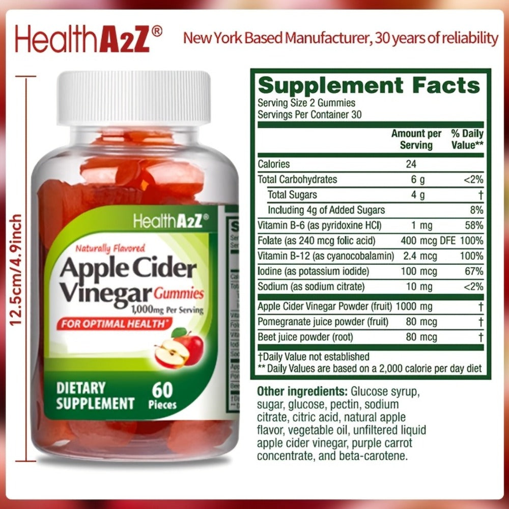 Apple Cider Vinegar Gummies 1000mg Extra Strength with B6, B12, Folic Acid, Pomegranate & Beet - Digestive Health, Clear Skin & Weight Support - Antioxidant ACV Gummies - 60 Count